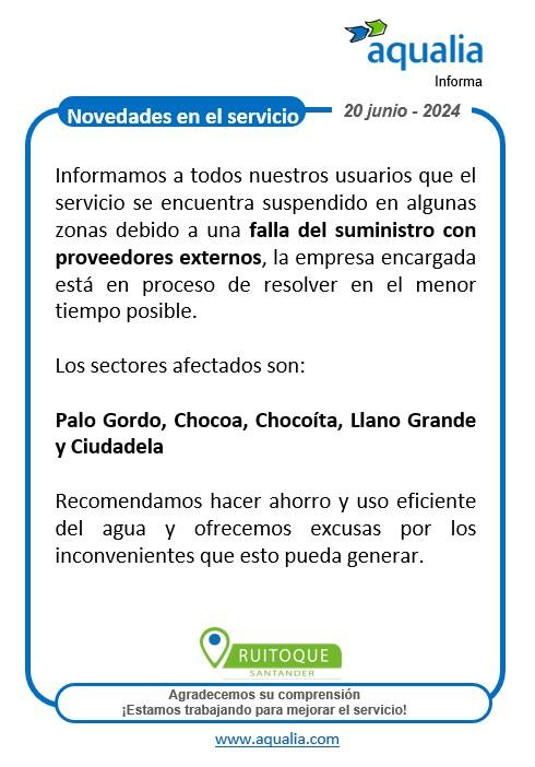 Afectada la prestación del servicio de acueducto en Ruitoque para los sectores Palo Gordo, Chocoa, Chocoíta, Llano Grande y Ciudadela&nbsp;